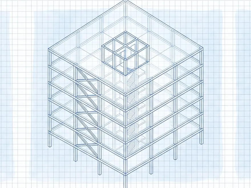 Axonometric wireframe of a multi-storey building: floor plates on a column grid with diagonal bracing and a central core, over a graph-paper grid.