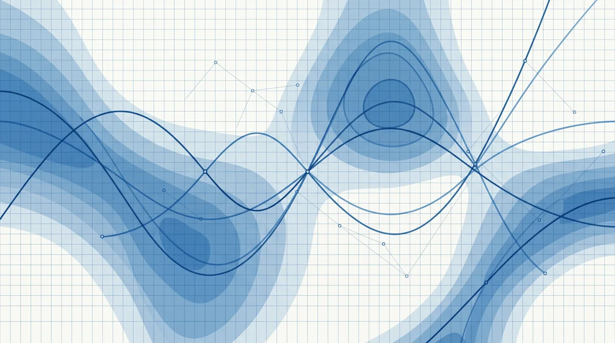Abstract plot of overlapping curves and contour bands on a fine graph-paper grid.