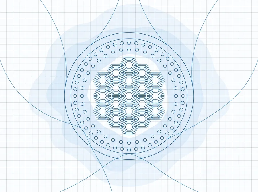 Reactor core in plan: a hexagonal lattice of fuel assemblies inside a ring of control-rod positions, with flux contours over a graph-paper grid.